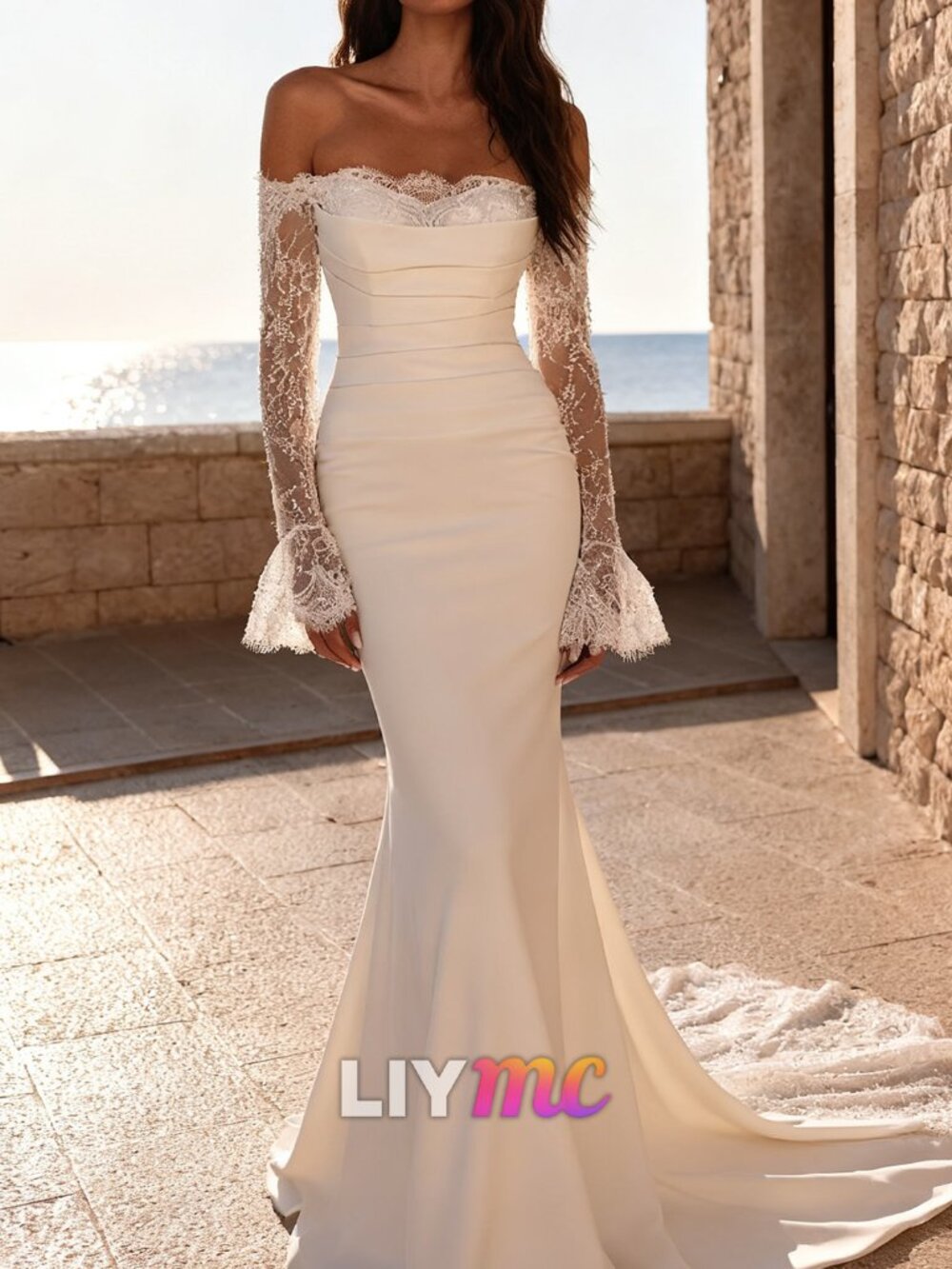 Off-Shoulder Long Sleeves Appliques Mermaid Wedding Dress - Size 8